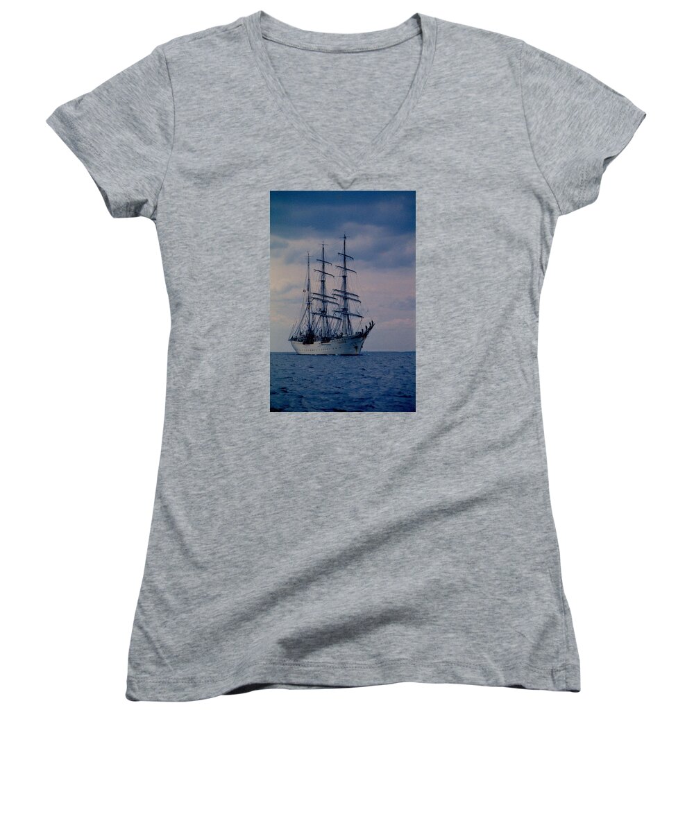 Tovarich Women's V-Neck featuring the photograph Tall Ship Tovarich by Lin Grosvenor