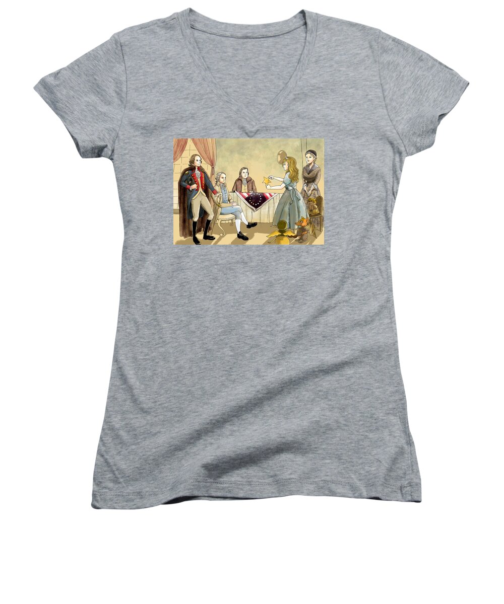 Wurtherington Diary Women's V-Neck featuring the painting Tammy meets Betsy Ross and George Washington by Reynold Jay