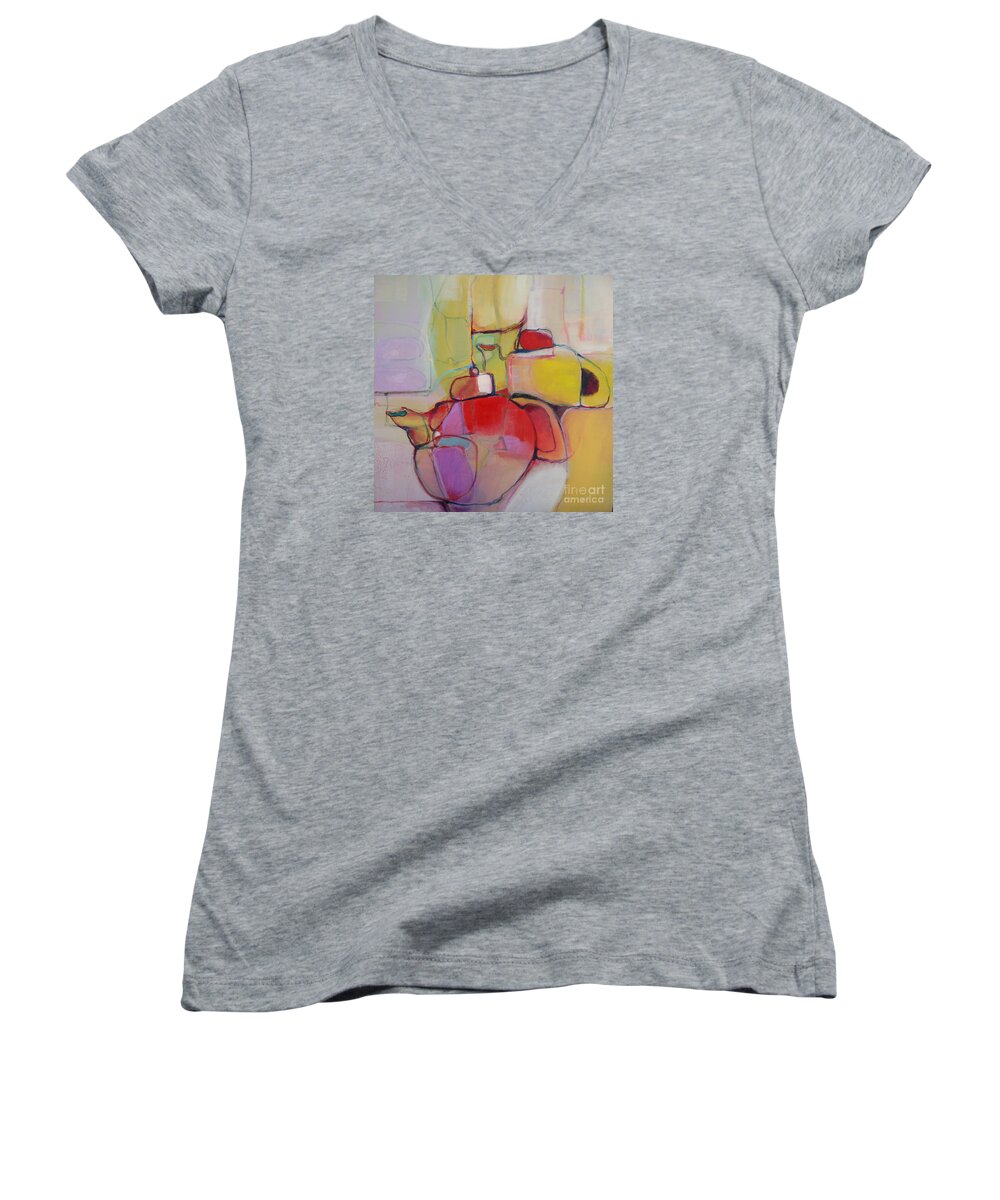 Watercolor Women's V-Neck featuring the painting Tea for Two by Michelle Abrams