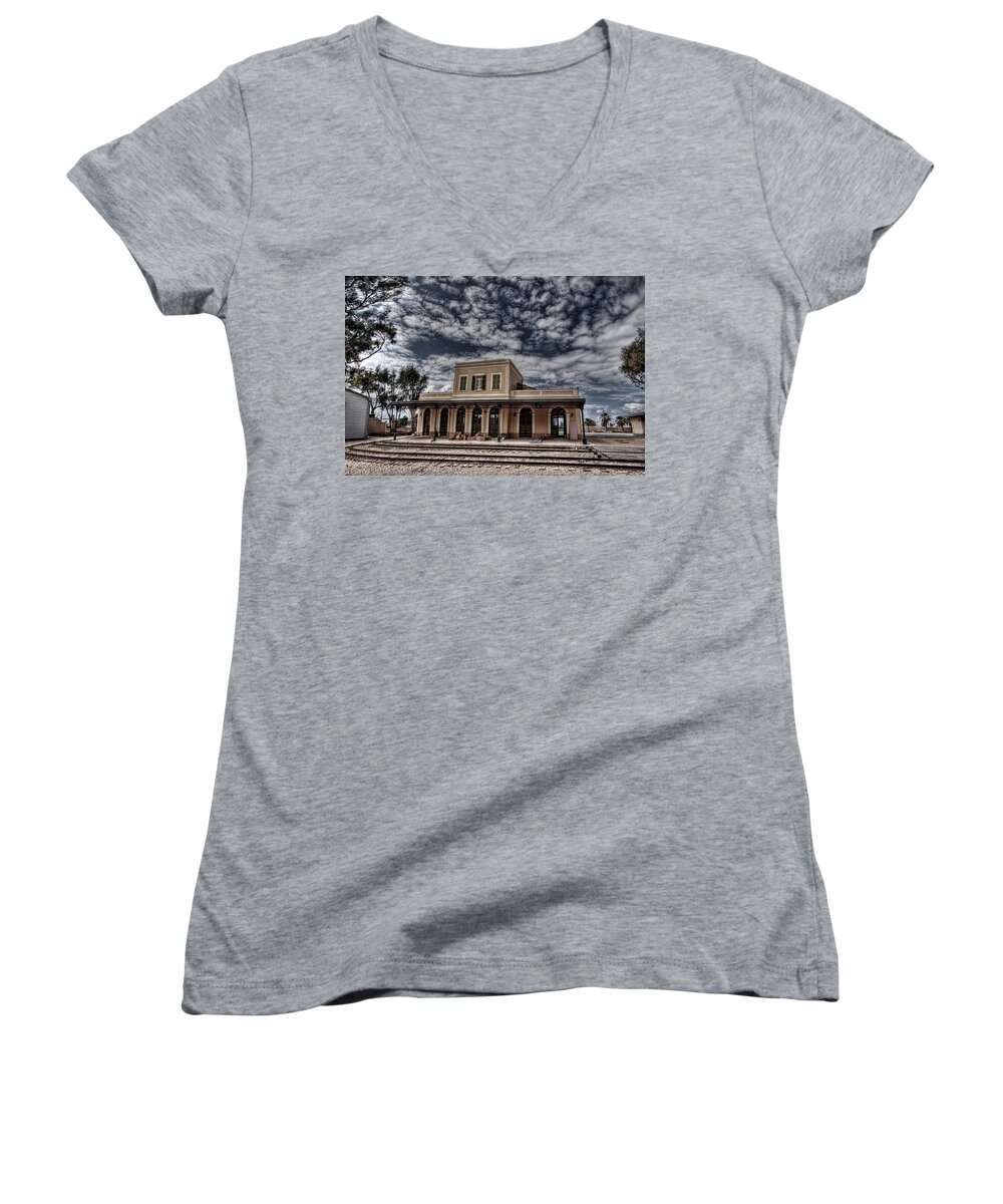 Israel Women's V-Neck featuring the photograph Tel Aviv First Railway Station by Ron Shoshani