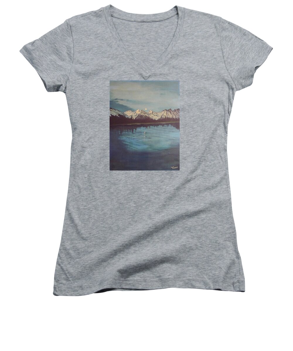 Landscape Women's V-Neck featuring the painting Telequana Lk AK by Terry Frederick
