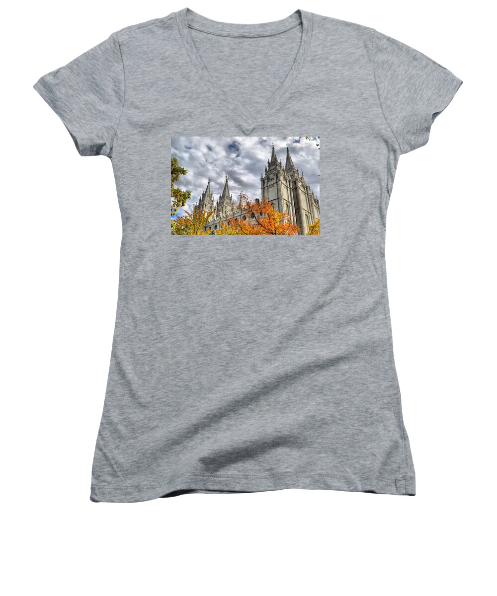Mormon Women's V-Neck featuring the photograph Temple Trees by Spencer Hughes
