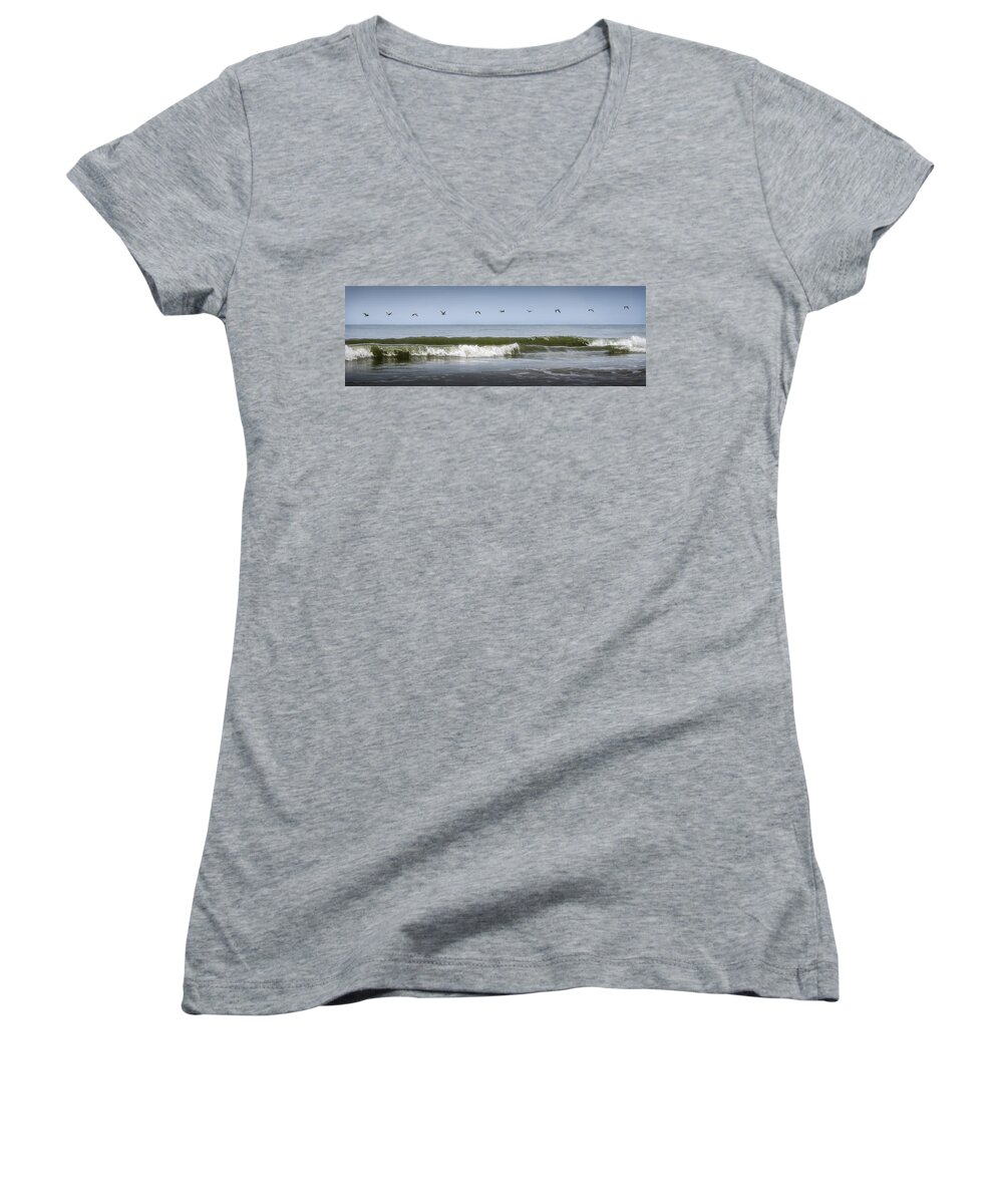 Seascape Women's V-Neck featuring the photograph Ten Pelicans by Steven Sparks