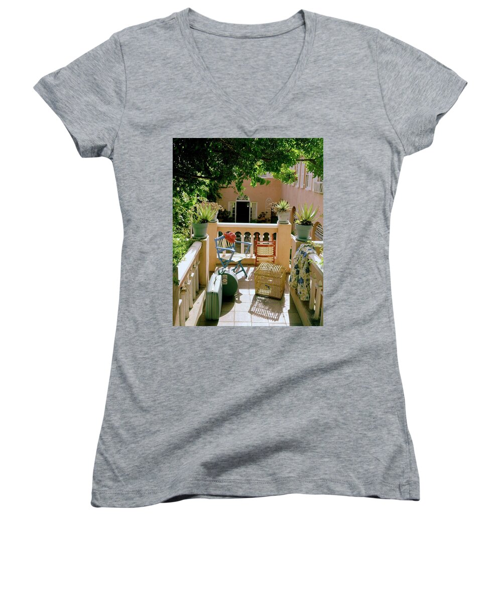Furniture Women's V-Neck featuring the photograph Terrace At A Guest House At Waterloo by Tom Leonard