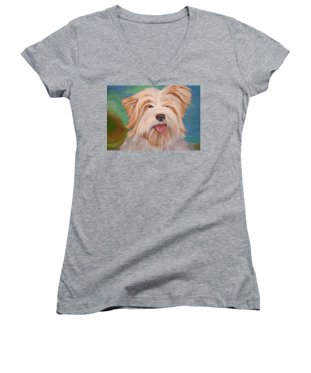 Dog Women's V-Neck featuring the painting Terrier Portrait by Taiche Acrylic Art