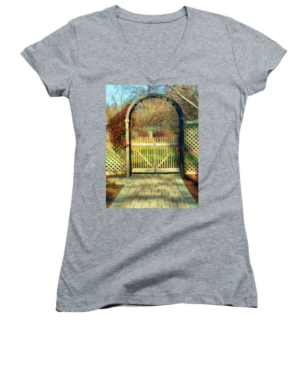 Landscape Women's V-Neck featuring the painting The Birch Wood Beyond the Gate by RC DeWinter