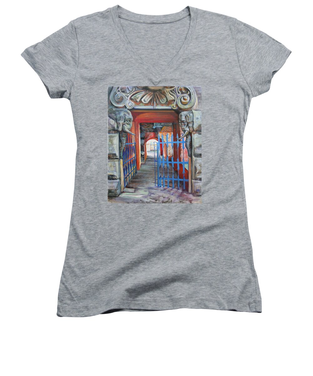City Women's V-Neck featuring the painting The Blue Gate by Marina Gnetetsky