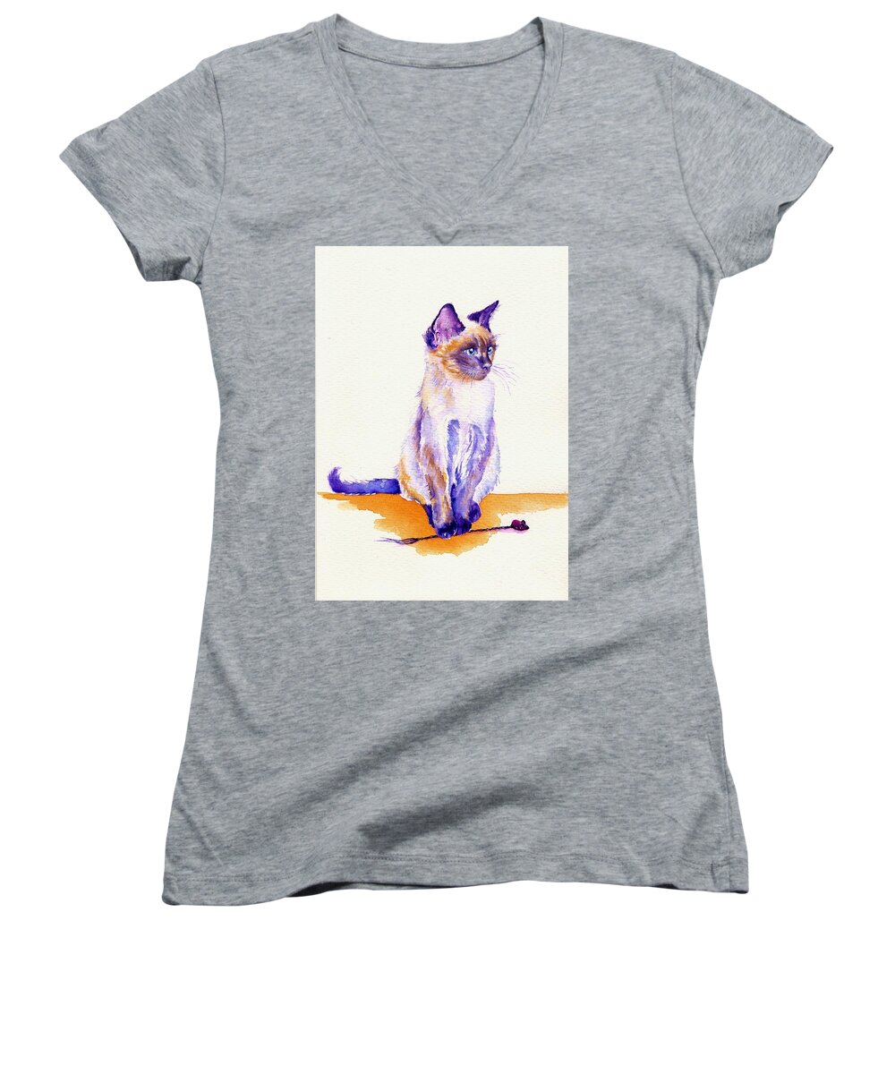 Cat Women's V-Neck featuring the painting The Catmint Mouse Hunter by Debra Hall
