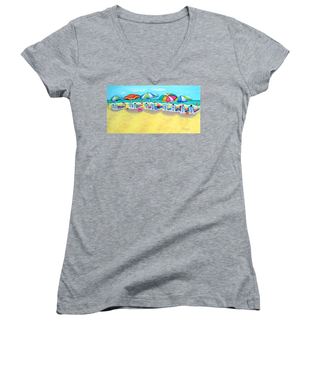 Colorful Beach Women's V-Neck featuring the painting The Color of Summer by Rebecca Korpita