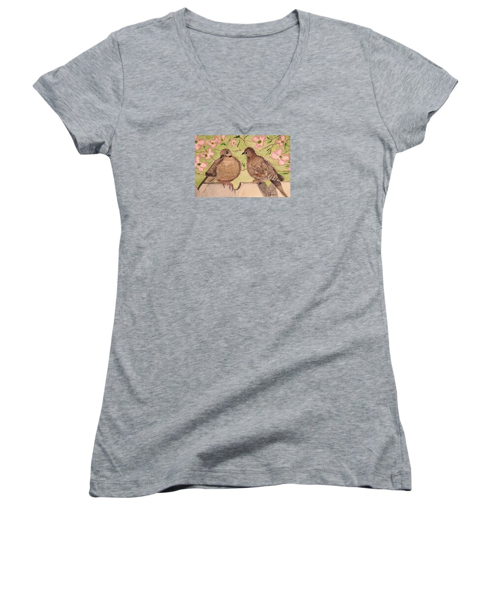 Mourning Doves Women's V-Neck featuring the painting The Courtship by Angela Davies