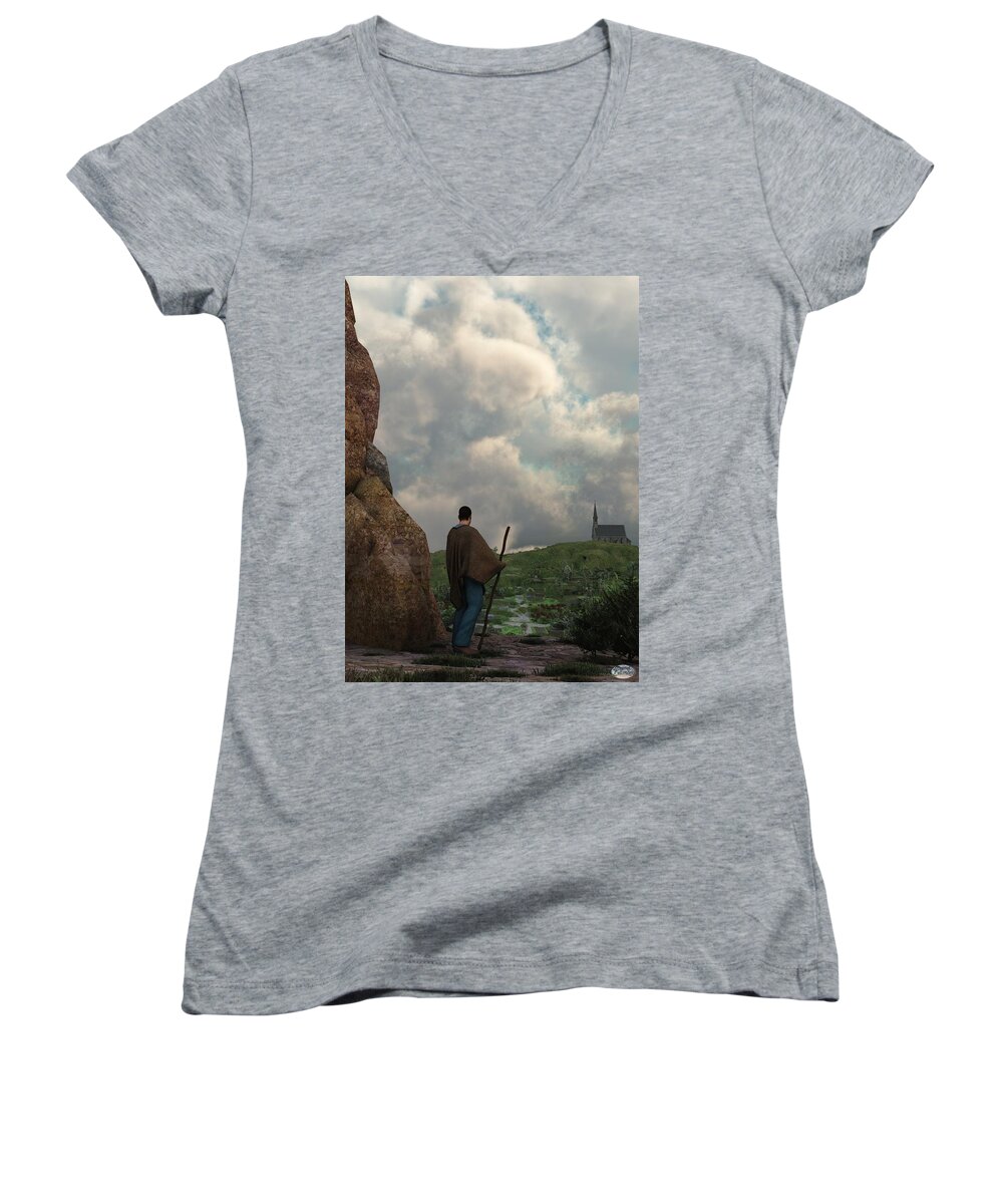 Hiking Women's V-Neck featuring the digital art The Distant Chapel by Daniel Eskridge