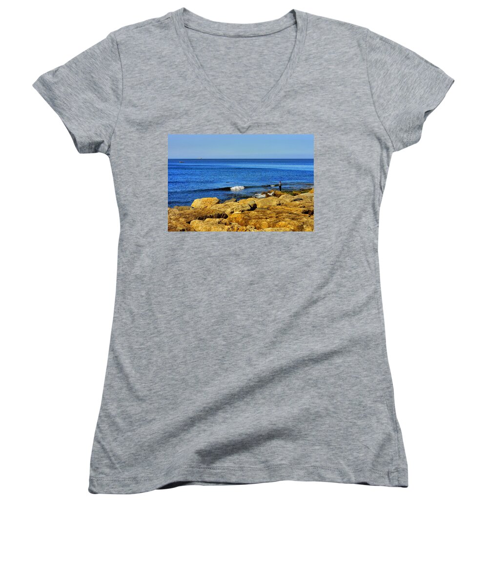 Fisherman Women's V-Neck featuring the photograph The Fisherman And The Sea by Marco Oliveira