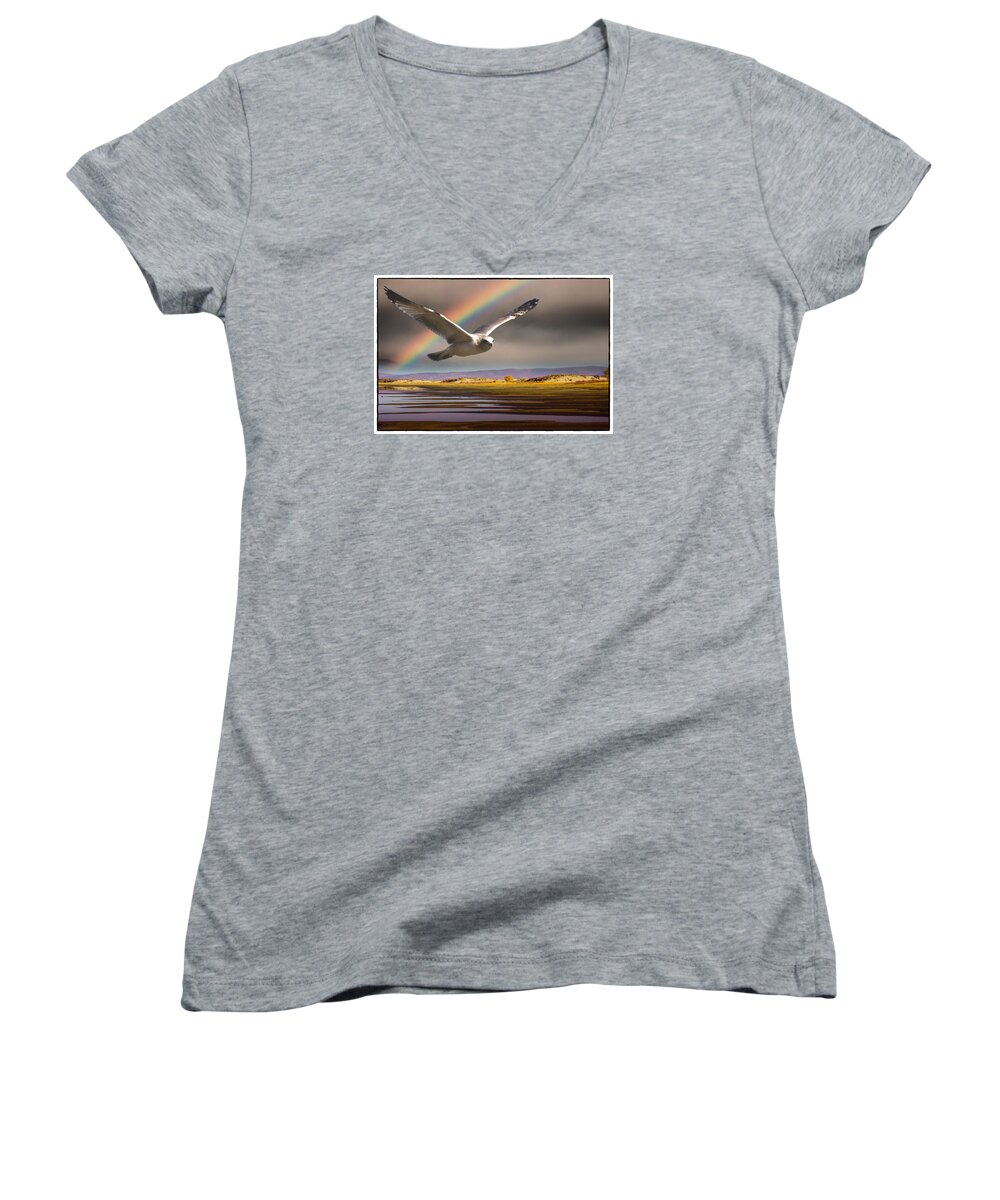 Gull Women's V-Neck featuring the photograph The Gull and the Rainbow by Janis Knight