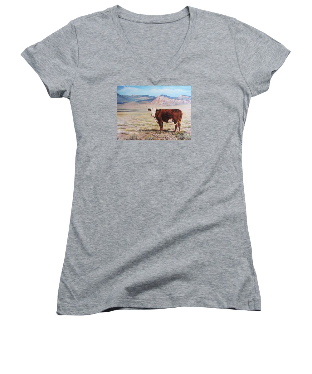 Nature Women's V-Neck featuring the painting The Lone Range by Donna Tucker