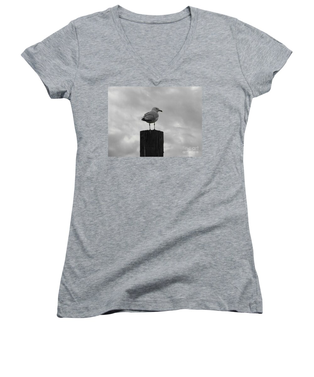 Seagull Women's V-Neck featuring the photograph The Lookout by Michael Krek