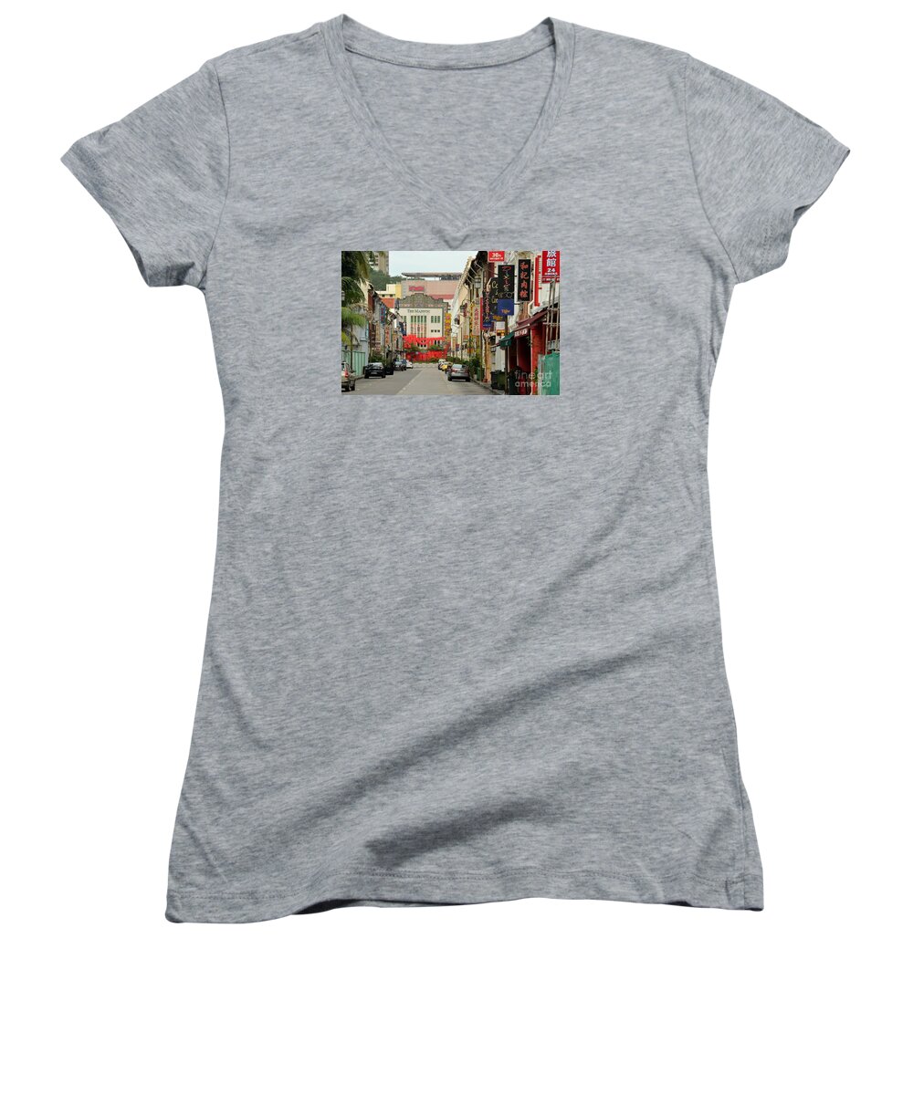 Majestic Women's V-Neck featuring the photograph The Majestic Theater Chinatown Singapore by Imran Ahmed