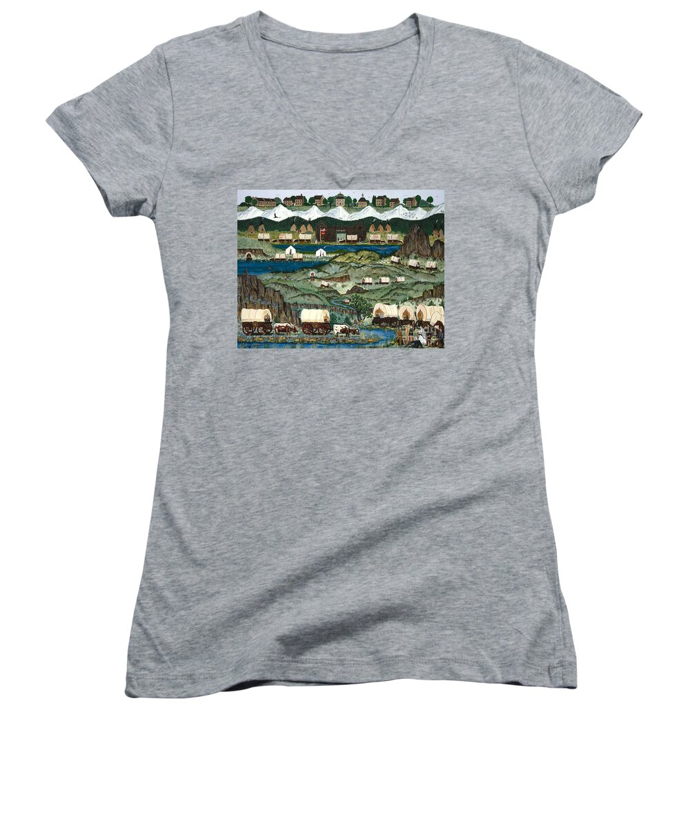 Oregon Trail Women's V-Neck featuring the painting The Oregon Trail by Jennifer Lake