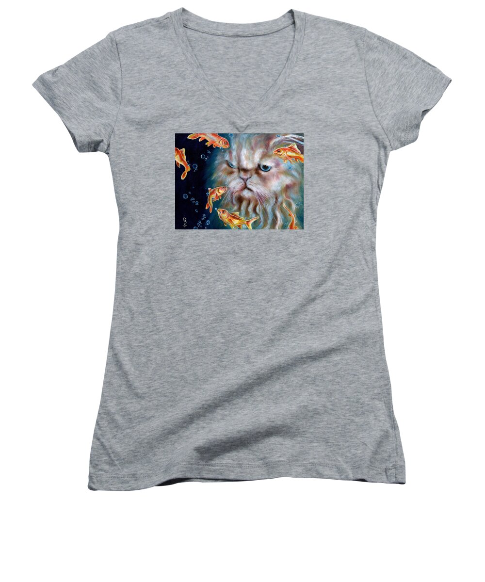 Cat Women's V-Neck featuring the painting The other side of midnight by Hiroko Sakai