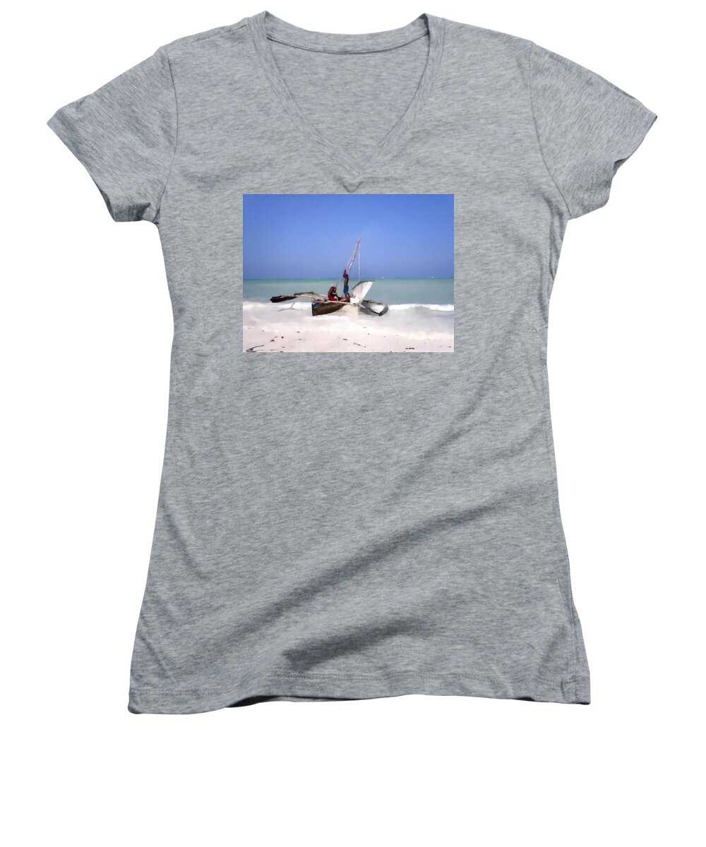 Tall-ship Women's V-Neck featuring the painting The Outrigger by Jann Paxton