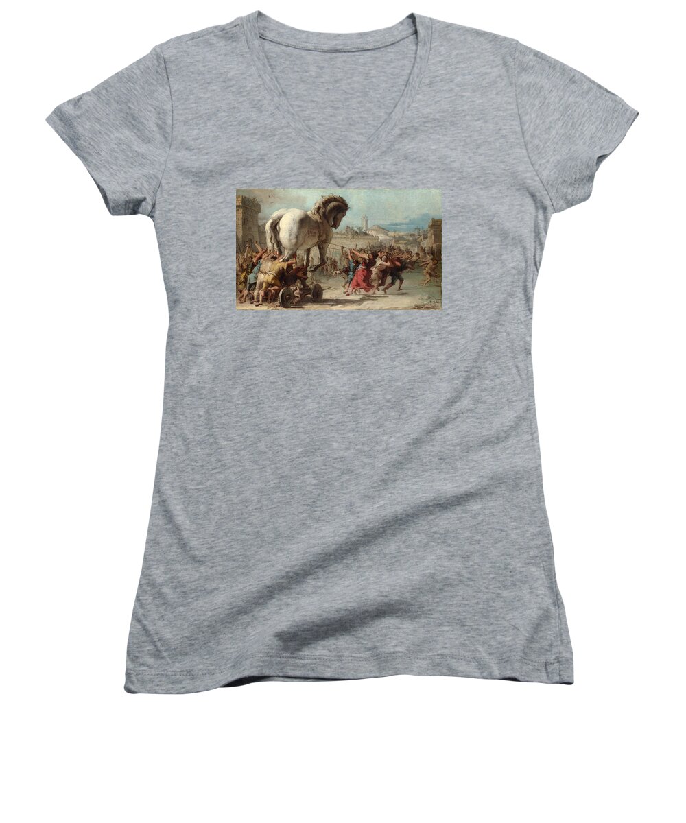 Giovanni Domenico Tiepolo Women's V-Neck featuring the painting The Procession of the Trojan Horse into Troy by Giovanni Domenico Tiepolo
