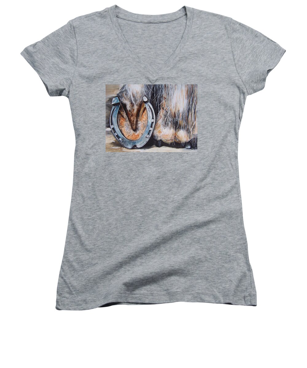 Horseshoe Women's V-Neck featuring the painting The Roadster by Kathy Laughlin