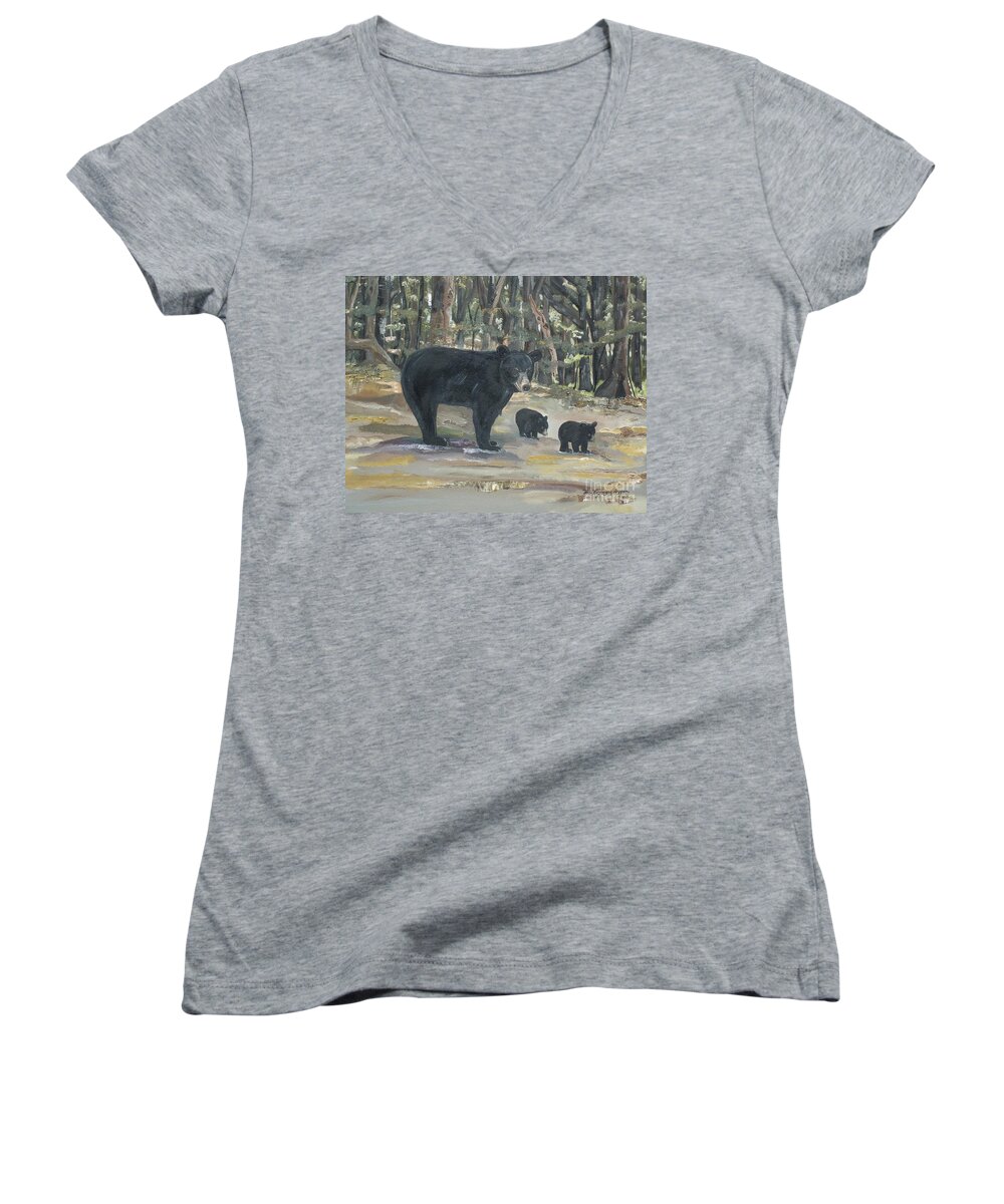 Black Bears Women's V-Neck featuring the painting Cubs - Bears - Goldilocks and the Three Bears by Jan Dappen
