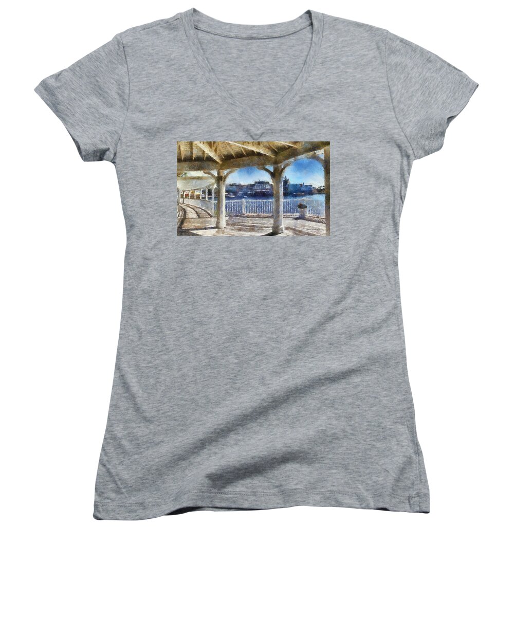 Boardwalk Women's V-Neck featuring the photograph The View From The Boardwalk Gazebo WDW 02 Photo Art by Thomas Woolworth