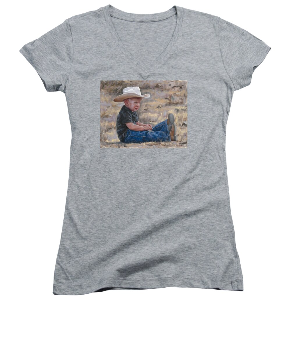 Cowboy Women's V-Neck featuring the painting The Will to Win by Christine Lytwynczuk