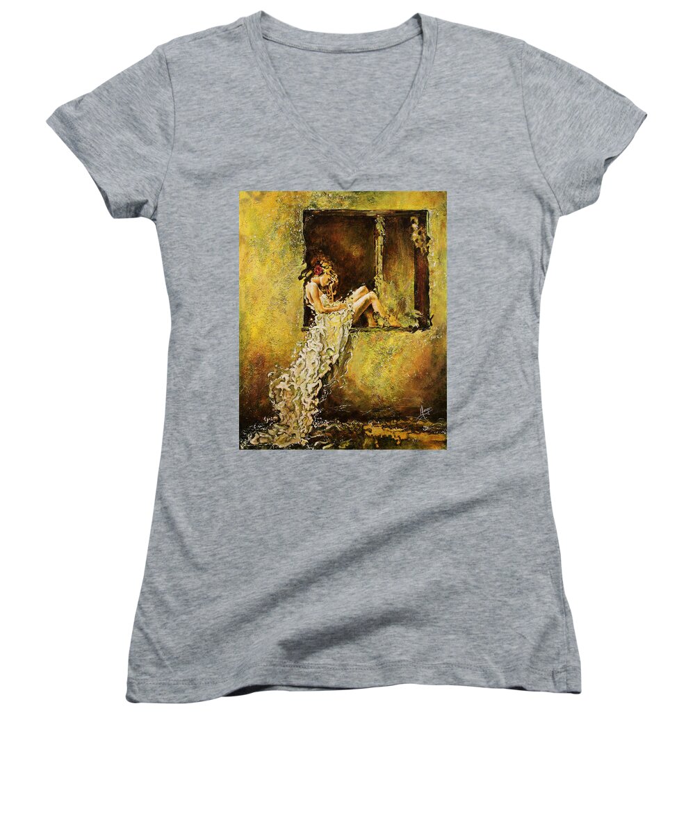 Girl Women's V-Neck featuring the painting The Window by Karina Llergo