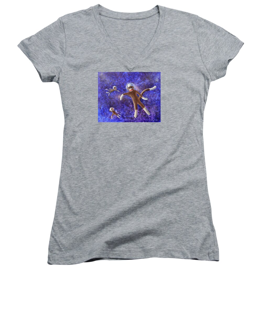 Sock Monkeys Women's V-Neck featuring the painting They Came From Outer Space by Rand Burns
