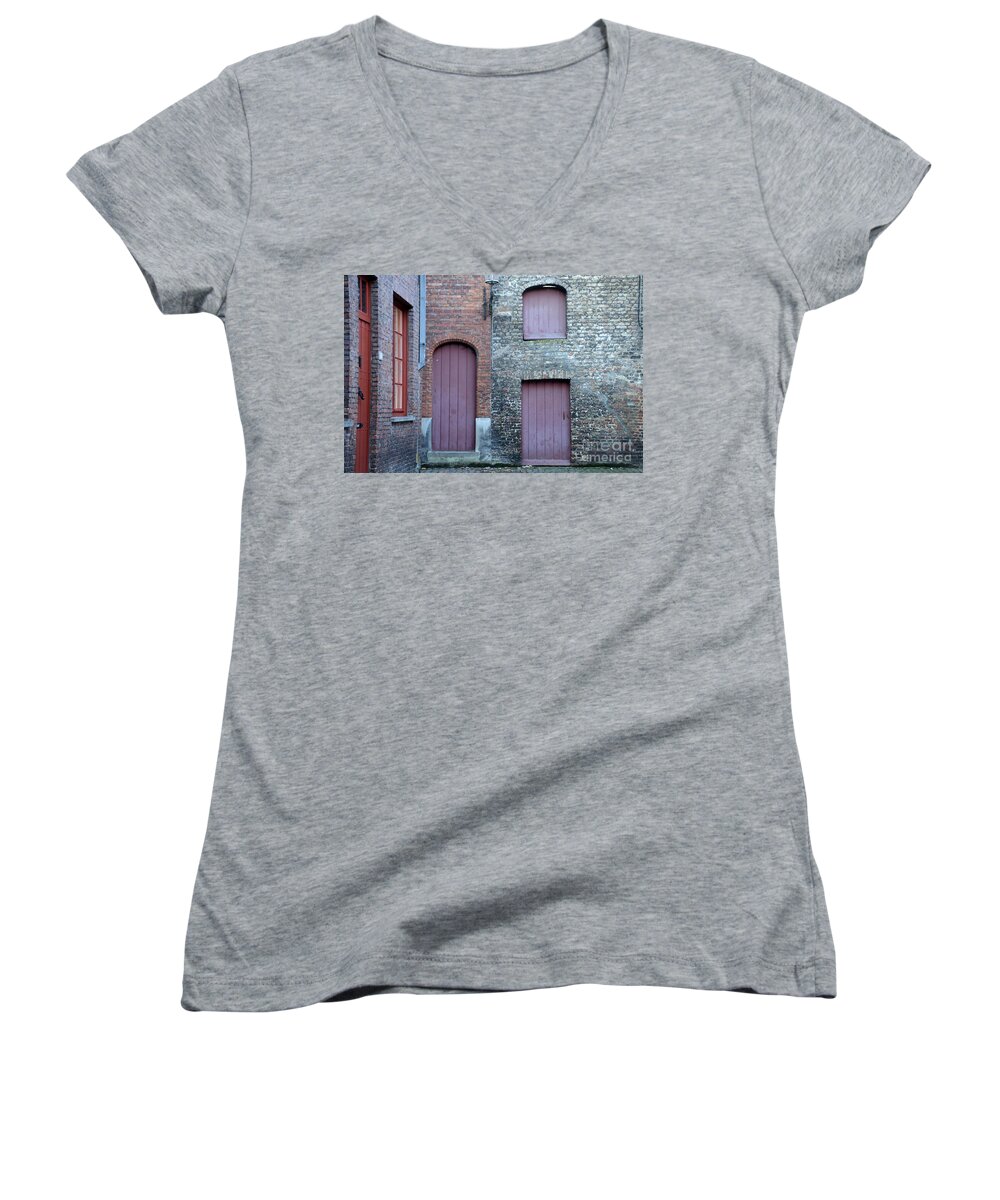Bruges Women's V-Neck featuring the photograph Three doors and two windows Bruges, Belgium by Imran Ahmed