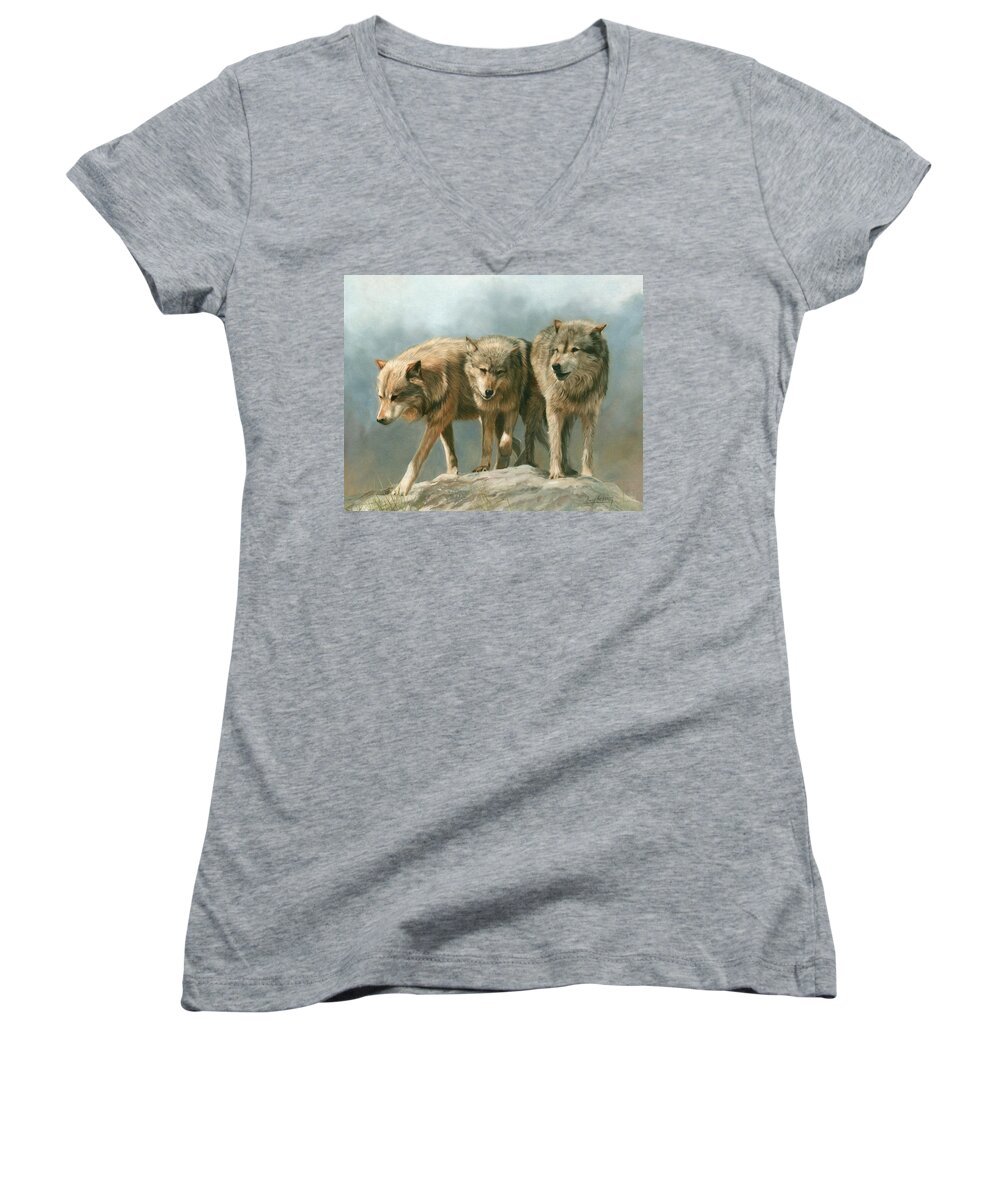 Wolf Women's V-Neck featuring the painting Three Wolves by David Stribbling