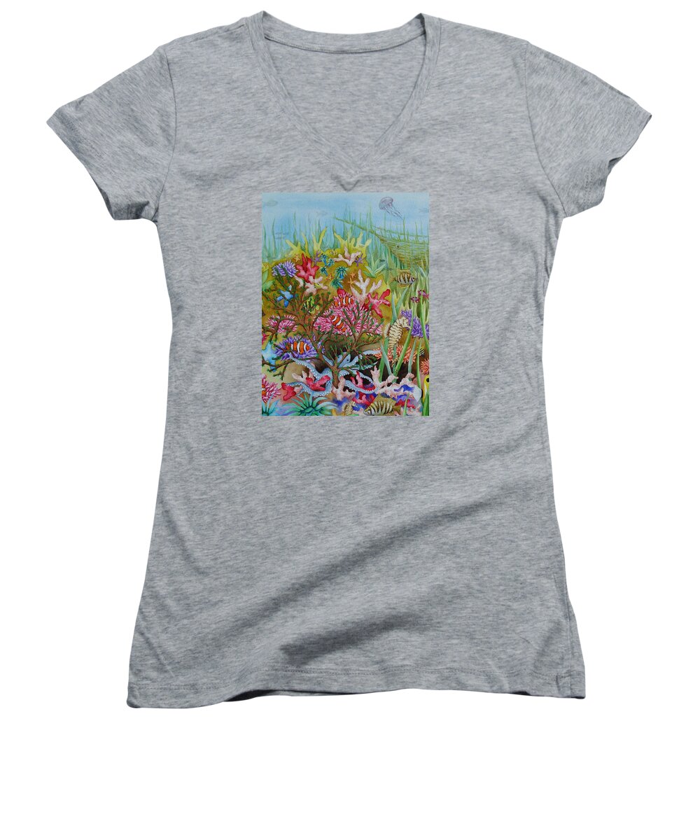 Print Women's V-Neck featuring the painting Thriving Ocean -Sunken Ship by Katherine Young-Beck