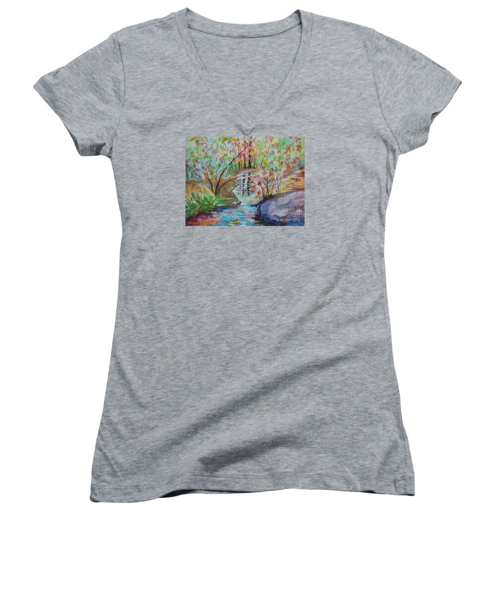 Thunder Mountain Women's V-Neck featuring the painting Thunder Mountain Mystery by Ellen Levinson