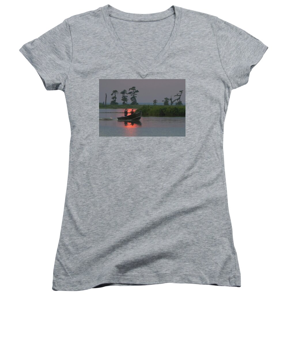 Boat Women's V-Neck featuring the photograph Time With Dad by Charlotte Schafer