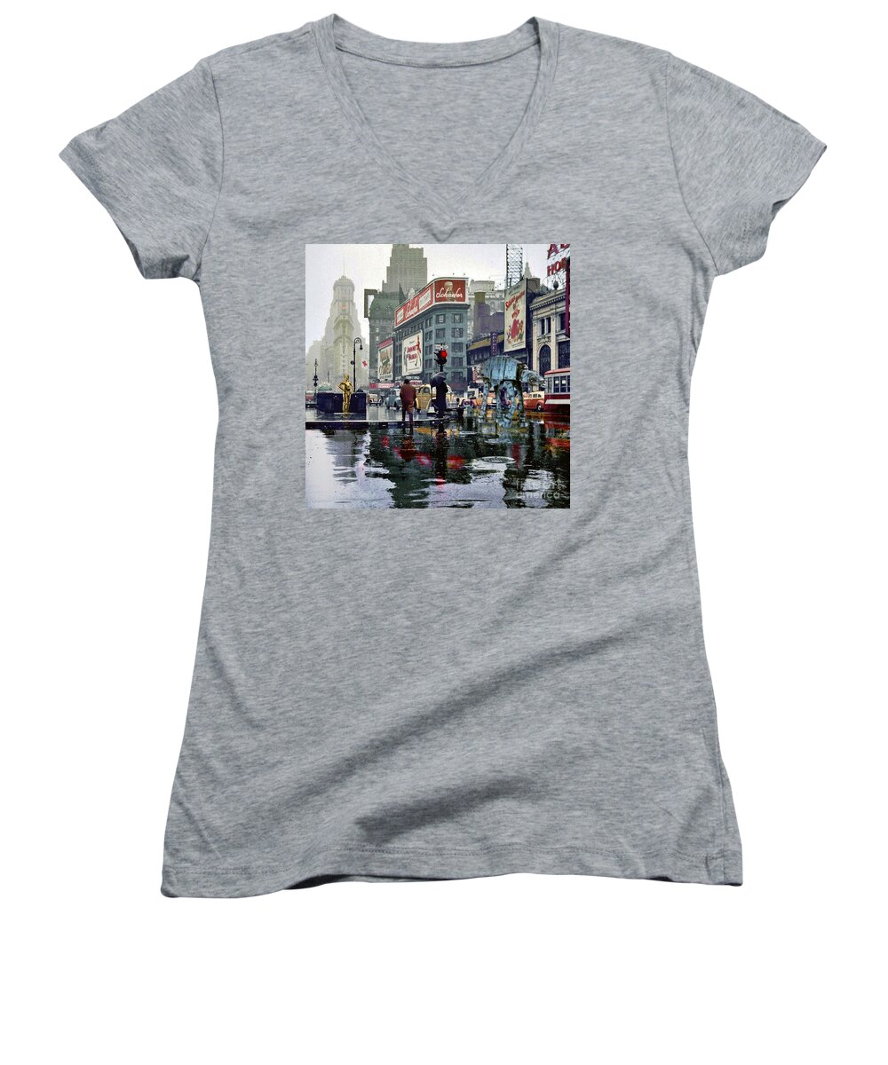 1943 Women's V-Neck featuring the photograph Times Square 1943 reloaded by HELGE Art Gallery