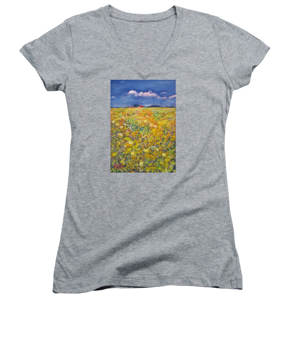 Summer Women's V-Neck featuring the painting Tiptoe Through Summer Meadow by Richard James Digance
