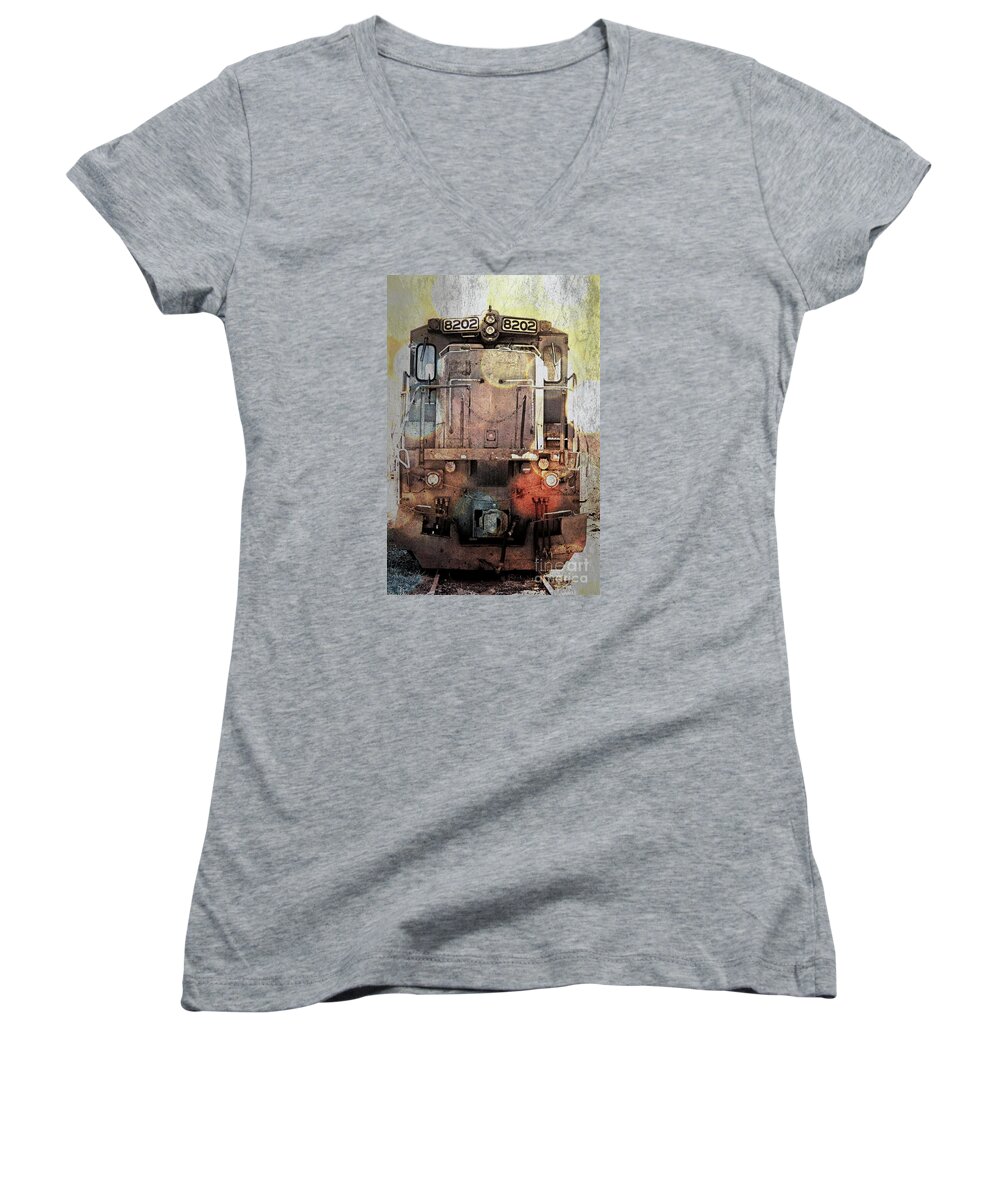 Transportation Women's V-Neck featuring the photograph Trains At Rest by Marcia Lee Jones