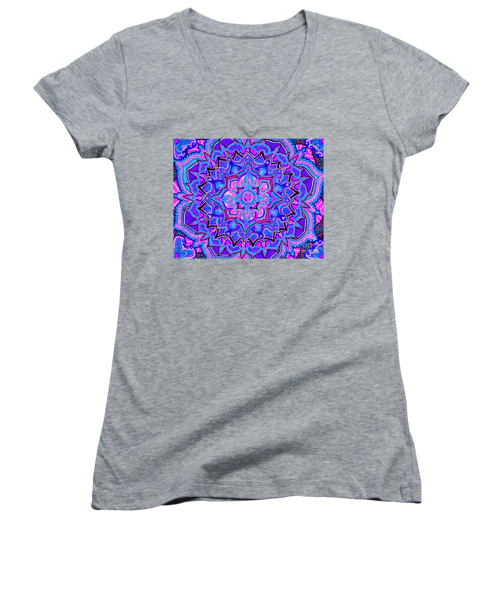 Lotus Women's V-Neck featuring the drawing Tranquil Lotus by Baruska A Michalcikova