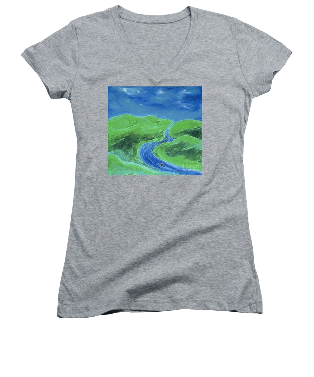 Travel Women's V-Neck featuring the painting Travelers Upstream by jrr by First Star Art