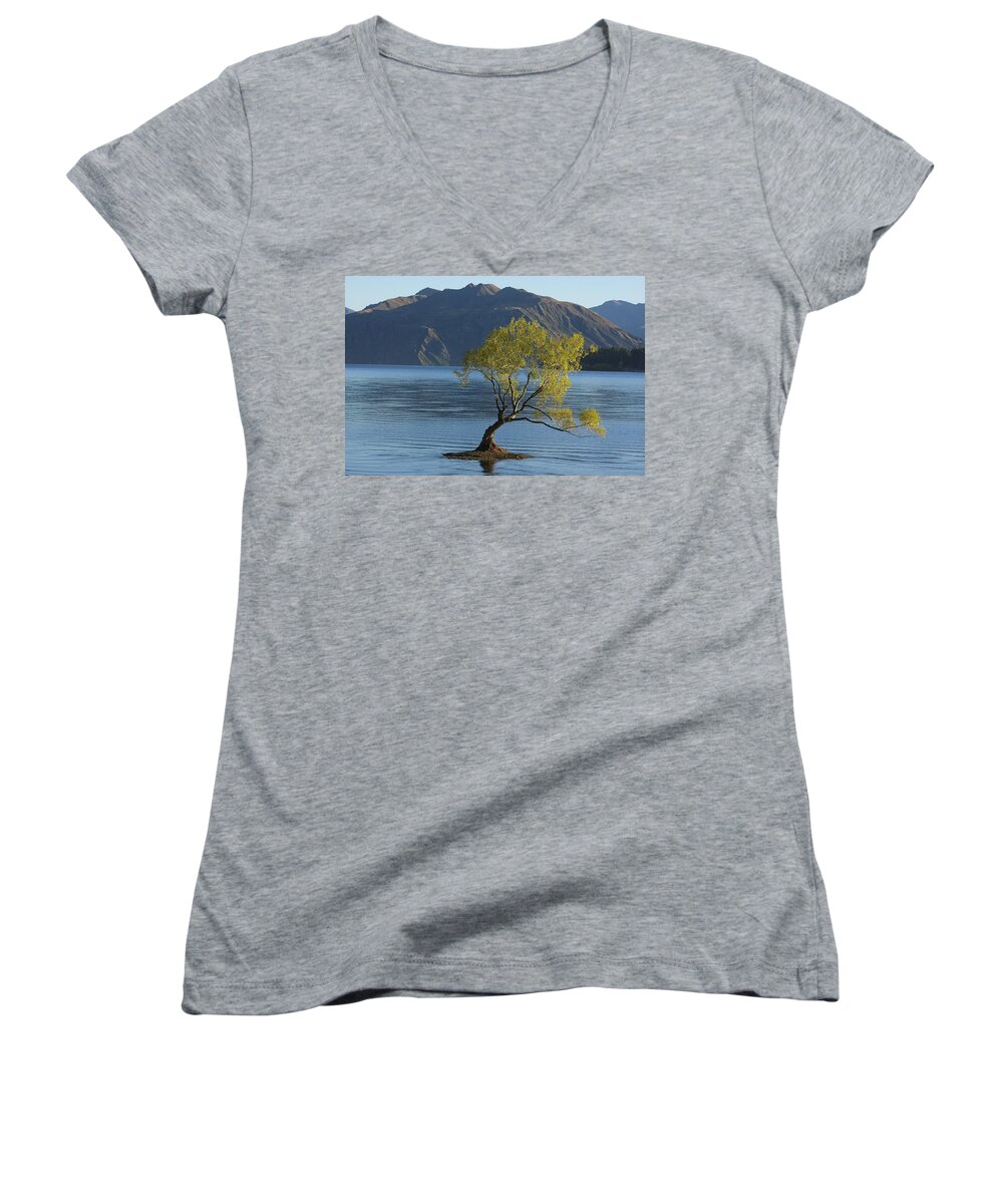 New Zealand Women's V-Neck featuring the photograph Tree in Lake Wanaka by Stuart Litoff
