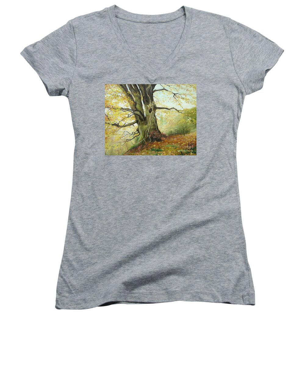 Tree Women's V-Neck featuring the painting Tree by Sorin Apostolescu