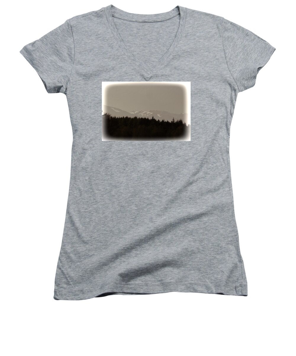Blue Sky Women's V-Neck featuring the photograph Treeline with ice capped mountains in the Scottish Highlands by Ashish Agarwal