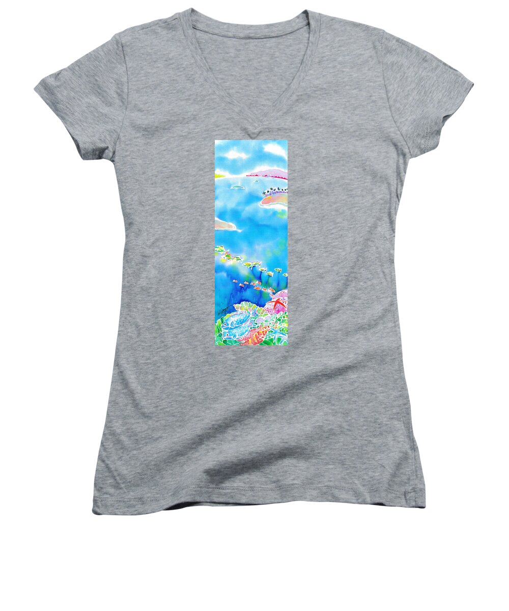 Okinawa Women's V-Neck featuring the painting Tropical fishes by Hisayo OHTA