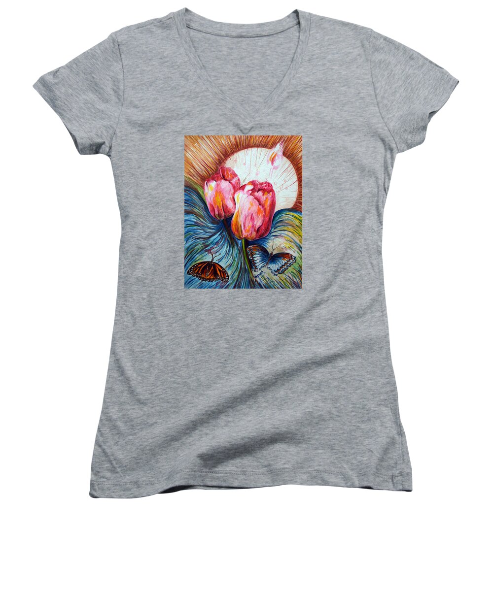 Tulips Women's V-Neck featuring the painting Tulips and butterflies by Harsh Malik