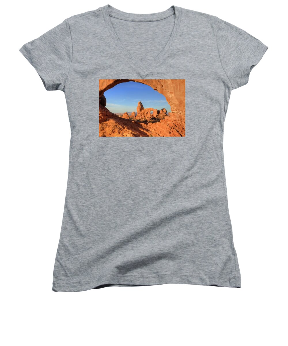 Rock Women's V-Neck featuring the photograph Turret Arch through North Window by Alan Vance Ley