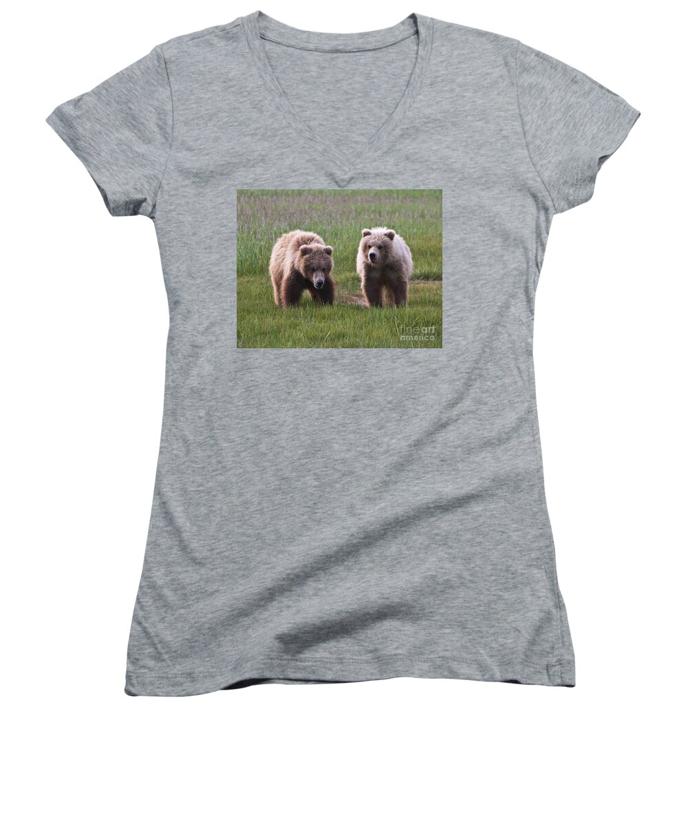 Twin Bear Cubs Women's V-Neck featuring the photograph Twin Bear Cubs by Phyllis Taylor