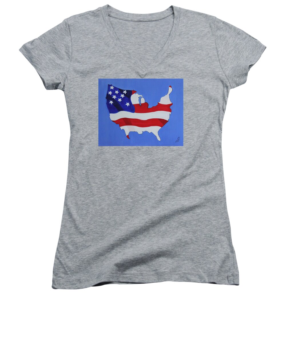 All Products Women's V-Neck featuring the painting Us Flag by Lorna Maza