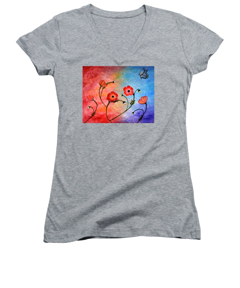 Poppies Women's V-Neck featuring the painting Vibrant Poppies by Manjiri Kanvinde
