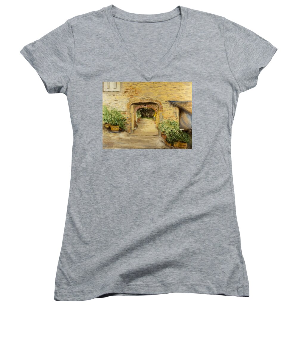 Oil Painting Women's V-Neck featuring the painting Villa in Italy by Kathy Knopp